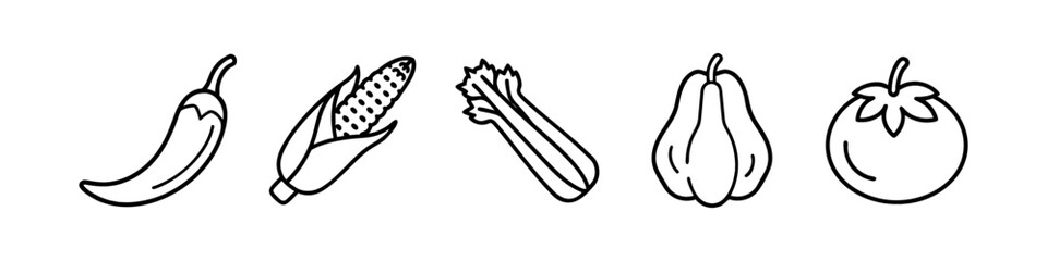 Line Icons of Common Vegetables - Minimalistic line icons featuring vegetables, including chili pepper, corn, celery, chayote, and a tomato, ideal for healthy and organic food designs.