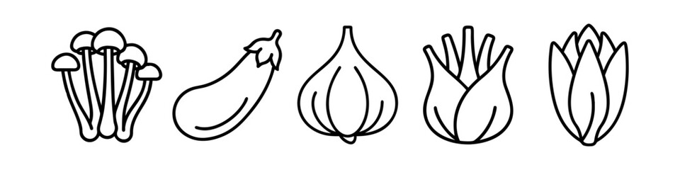 Line Icons of Gourmet Vegetables and Mushrooms - Minimalistic line icons showcasing gourmet vegetables, including enoki mushrooms, eggplant, garlic, fennel, and endive, ideal for culinary projects.
