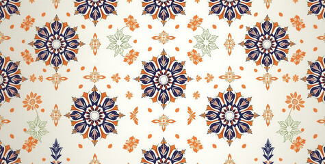 A patterned background with blue and orange flowers. The flowers are in different sizes and are scattered throughout the background