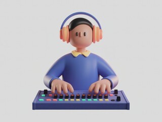 3D Music Producer in Headphones Mixing at Music Controller Against Light Background