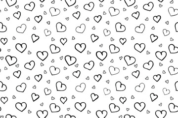 Black and white seamless pattern with doodle outline hearts