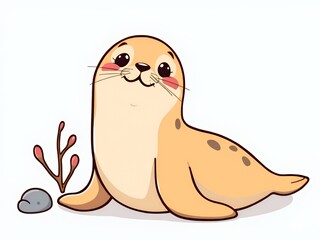 cartoon seal with a rock and plant in its mouth.