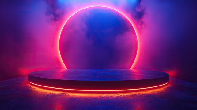 A pedestal with a mockup display and neon light showcases products for advertising and marketing