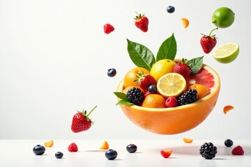 A vibrant assortment of fresh fruits and berries artfully arranged in a hollowed-out citrus fruit, creating a visually appealing and healthy composition.