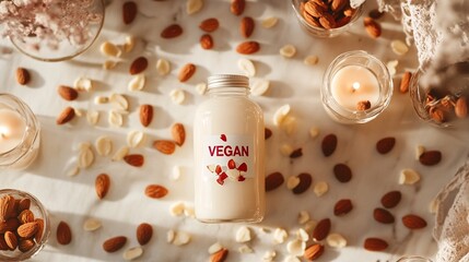 vegan milk alternative surrounded by almonds and candles.