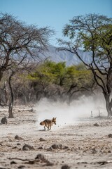 A coyote running through a dusty landscape with sparse trees in the background.