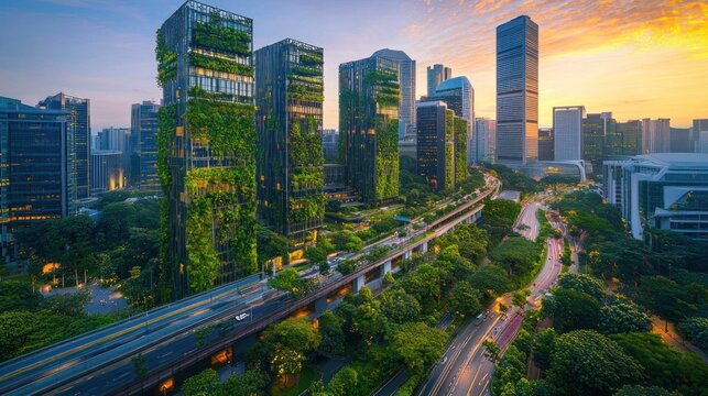 Fototapeta Green city skyline at sunrise, showcasing eco-friendly skyscrapers and integrated nature.