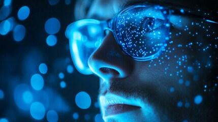 A close-up of a man's face with futuristic glasses that display blue lights.