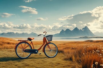 Obraz premium A vintage bicycle rests in a serene landscape with mountains and a calm lake.