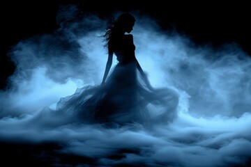 Obraz premium Mysterious figure in a flowing dress surrounded by fog in a dimly lit environment at night