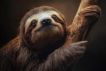 Fototapeta premium In the wild, a sloth remains vigilant while resting on a tall branch.