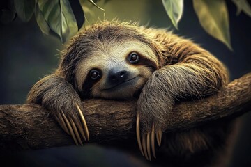 Fototapeta premium High in the treetops, a sloth takes in the sights of its habitat.