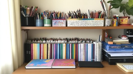 Organized art supplies on a wooden shelf and desk.