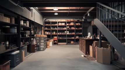 Industrial basement storage room with shelves, boxes, and stairs.