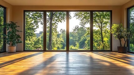 A room with large windows and wood floors offers an empty space in a modern home with garden views