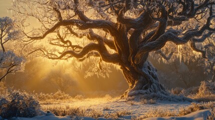Majestic snow-covered tree at sunrise.
