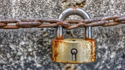 Close-up of a rusty padlock on a metal chain symbolizing security and weapon prohibition, set against a concrete wall background.