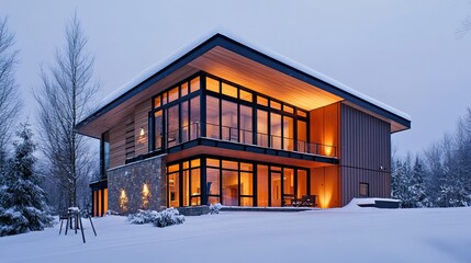 Modern house illuminated at night, snowy landscape.