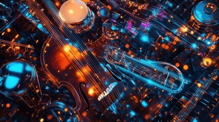 Abstract glass musical instruments glowing in vibrant colors.