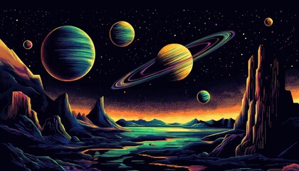Naklejka premium Retro-inspired pixel art assets showcasing space themes.