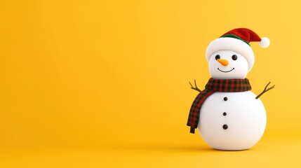 A cheerful snowman with a hat and scarf against a yellow background.