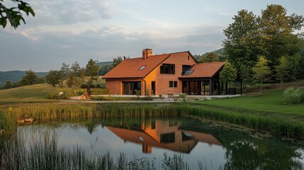 Obraz premium Modern brick house reflecting in a pond at sunset.