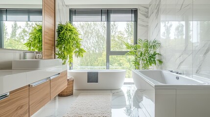 Luxurious modern bathroom with two bathtubs, large windows, marble walls, wooden cabinets, and plants.