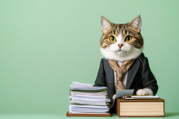Fashionable cat in tailored blazer sits at desk with papers, exuding confidence and charm