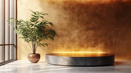 A modern room with a large potted plant and a circular platform is bathed in warm sunlight.