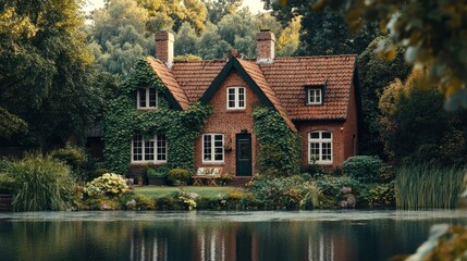 Charming brick cottage by lake, ivy covered.