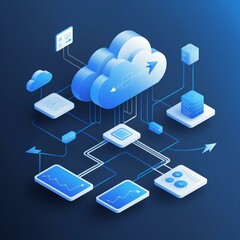 3D rendering of a cloud network architecture showing data transfer between clouds and various devices in an isometric view.
