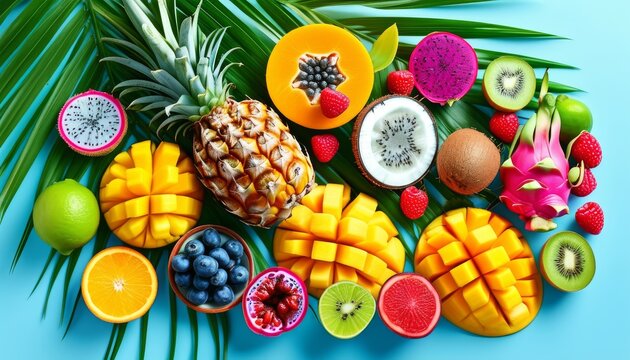 Vibrant Assortment of Tropical Fruits on Bright Blue Background with Green Leaves