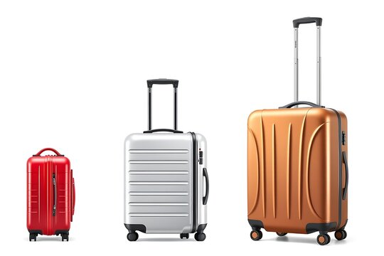 Blank black, white, red suitcase with handle mockup stand, isolated, 3d rendering. Emtpy plastic protection package for vacation things mock up, front view. Clear traveler luggage or baul template.
