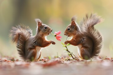 Two squirrels, one offering a flower, creating a heartwarming scene in nature.