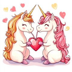 Two cute unicorns sharing a heart with a love theme, white isolated background.