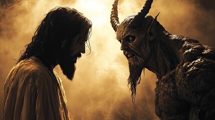 A silhouette of Jesus confronts the devil, representing spiritual temptation, faith, and sacrifice