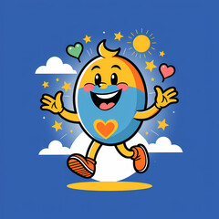 Fototapeta premium Happy cartoon mascot with hearts on blue background / Mascota caricatura feliz con corazones sobre fondo azul