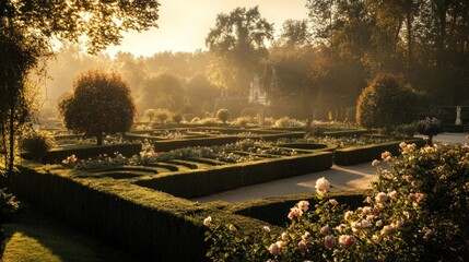 Sunlit formal garden with manicured hedges, roses, and trees at dawn.
