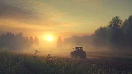 Fototapeta premium Tractors Working in a Field at Sunrise.