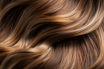 Naklejka premium Close up of luxurious, healthy, highlighted, wavy, brown hair.
