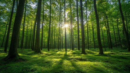 Fototapeta premium the sun shining through the trees in a lush green forest.