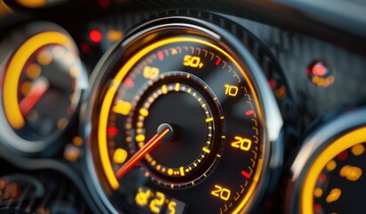 Fototapeta premium Close-up of a modern car's dashboard instrument cluster, featuring illuminated speedometer and gauges.