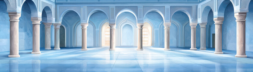 Fototapeta premium Serene interior with blue tones, arches, and columns creates mystical atmosphere