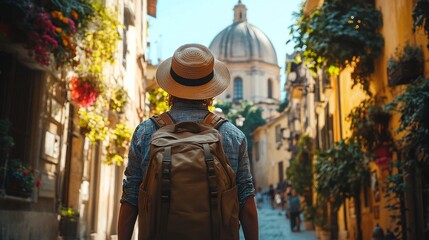 Fototapeta premium A solo traveler with a backpack and straw hat walking down a narrow street in an old European town.