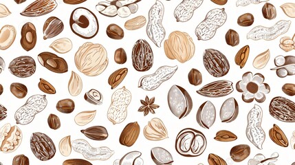 Hand Drawn Various Nuts and Seeds Seamless Pattern Vector Graphic