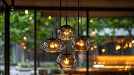 five glass globe-shaped light fixtures hanging from black cords with exposed bulbs inside them.