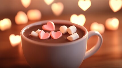 A cozy cup of hot chocolate topped with heart-shaped marshmallows, set against a soft, blurred background of heart-shaped lights.