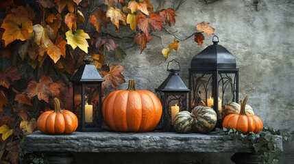 Autumn pumpkins, lanterns, and leaves on stone.