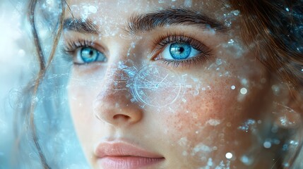 A woman's portrait with a clock overlay represents beauty, anti-aging cosmetics, and time. This abstract and surreal art piece symbolizes age reversal, dermatology, longevity, and skincare