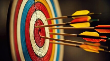 Bullseye! A target with multiple arrows striking the center, signifying precision, success, and the achievement of goals. This close-up shot evokes a sense of focus and determination.